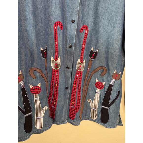 VTGA Bobbie Brooks Appliqued CATS Denim Blue Jean Cotton Long Sleeved Shirt: XL - Picture 4 of 4